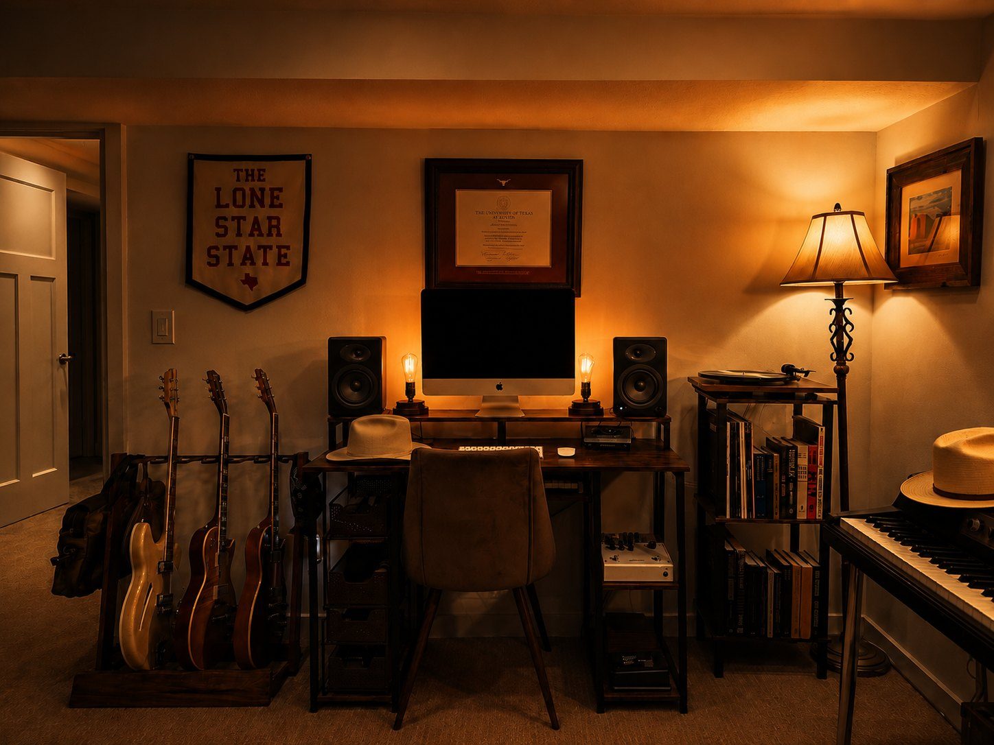 Warm home studio with guitars, keyboard, turntable, books, and recording desk